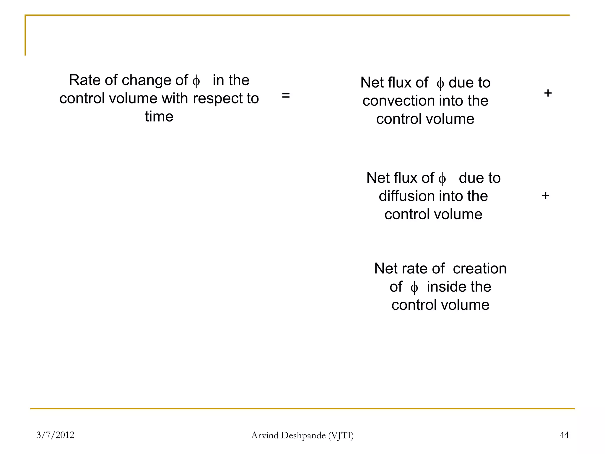 Rate of change of  in the                           Net flux of  due to
    control volume with respect to    =                   convection into the      +
                 time                                       control volume


                                                          Net flux of  due to
                                                           diffusion into the      +
                                                            control volume


                                                            Net rate of creation
                                                              of  inside the
                                                              control volume




3/7/2012                        Arvind Deshpande (VJTI)                                44
 