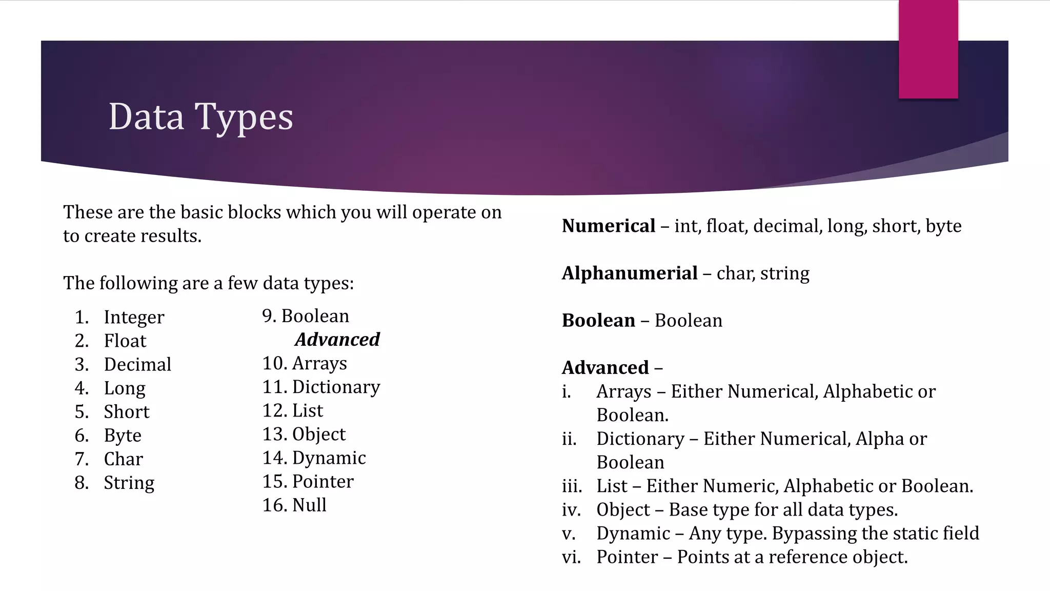Data Types
These are the basic blocks which you will operate on
to create results.
The following are a few data types:
1. Integer
2. Float
3. Decimal
4. Long
5. Short
6. Byte
7. Char
8. String
9. Boolean
Advanced
10. Arrays
11. Dictionary
12. List
13. Object
14. Dynamic
15. Pointer
16. Null
Numerical – int, float, decimal, long, short, byte
Alphanumerial – char, string
Boolean – Boolean
Advanced –
i. Arrays – Either Numerical, Alphabetic or
Boolean.
ii. Dictionary – Either Numerical, Alpha or
Boolean
iii. List – Either Numeric, Alphabetic or Boolean.
iv. Object – Base type for all data types.
v. Dynamic – Any type. Bypassing the static field
vi. Pointer – Points at a reference object.
 