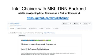 Intel Chainer with MKL-DNN Backend
Intel is developing Intel Chainer as a fork of Chainer v2
https://github.com/intel/chai...
