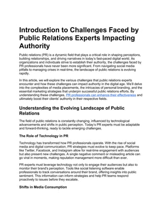 Introduction to Challenges Faced by Public Relations Experts Impacting ...