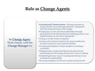 Role as Change Agents
•Learning and Communication - Raising awareness of
change and the associated improvements and benefits
from the implementation of the Change.
•Gaining buy-in from all users/stakeholders through
participation in the relevant decision-making processes and
implementation as and where appropriate.
•Acting as on-job Trainer if required.
•Acting as the in-house Coach for the Asset and the first
level go to person in case of queries /doubts
•Ensuring participation of team members in trainings/
workshops
•Helping staff to accept and adjust to the physical and
mental aspects of the change and the new ways of working.
•Embedding the new ways of working into the day to day
workings for sustainability
•Ensuring compliance to the new systems and processes
As Change Agent -
Work closely with the
Change Manager for
 