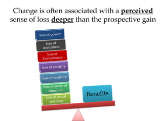 Change is often associated with a perceived
sense of loss deeper than the prospective gain
 