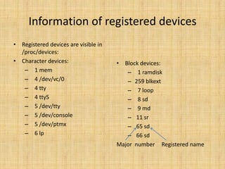 Information of registered devices
• Registered devices are visible in
  /proc/devices:
• Character devices:                  • Block devices:
   – 1 mem                               – 1 ramdisk
   – 4 /dev/vc/0                         – 259 blkext
   – 4 tty                               – 7 loop
   – 4 ttyS                              – 8 sd
   – 5 /dev/tty                          – 9 md
   – 5 /dev/console                      – 11 sr
   – 5 /dev/ptmx                         – 65 sd
   – 6 lp                                – 66 sd
                                      Major number Registered name
 