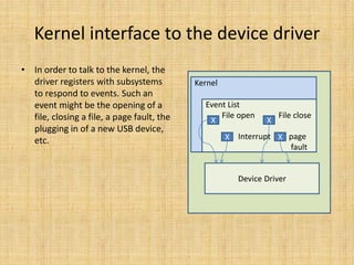 Kernel interface to the device driver
• In order to talk to the kernel, the
  driver registers with subsystems          Kernel
  to respond to events. Such an
  event might be the opening of a             Event List
  file, closing a file, a page fault, the         File open        File close
                                               X               X
  plugging in of a new USB device,
  etc.                                               X Interrupt X page
                                                                   fault


                                                        Device Driver
 