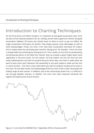 Introduction to Charting Techniques
For the Price Action and Pattern Analysis, it is important to have good visualization tools. Since
we want to find important patterns for our trading, we will need a good size monitor and good
visualization software. Of course, you should invest on them as much as you can afford. No
single visualization techniques are perfect. They always possess some advantages as well as
some disadvantages. Firstly, line chart is the most basic visualization technique for traders.
Line is simply drawn by connecting each session’s closing price. For example, 1-hour line chart
is simply drawn by connecting the closing price of 1-hour candle. As line chart are produced by
connecting two points at the fixed time interval, they can provide a great insight about some
regularities in the price series. For this reason, not only traders use the line chart but also
many mathematicians use them to visualize the price series data. Line chart is useful when we
want to exam some cyclic behaviour like seasonality or any cyclic patterns made up from sine
or cosine function.  Line chart is also useful when you want to compare multiple price series in
one chart. On the other hands, the disadvantage of the line chart is that it does not provide the
trading range of each session. In addition, due to the continuously drawn line, it is difficult to
see any gap between sessions. In addition, line chart miss some important attributes like
highest and lowest prices of each session.
Figure 2-1: Line chart for EURUSD from 1 September 2016 to 16 January 2017
Introduction to Charting Techniques
/ / /
 