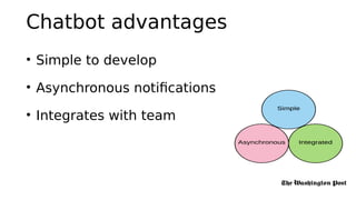 • Simple to develop
• Asynchronous notifications
• Integrates with team
Chatbot advantages
 