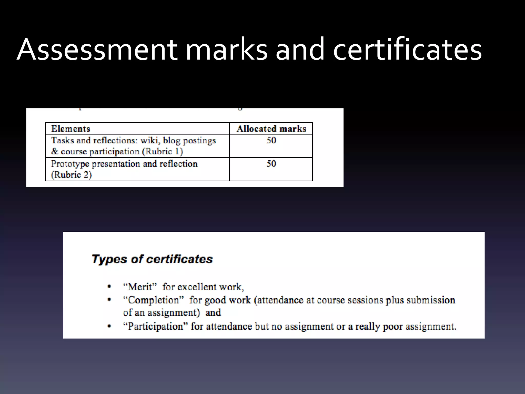 Assessment marks and certificates
 