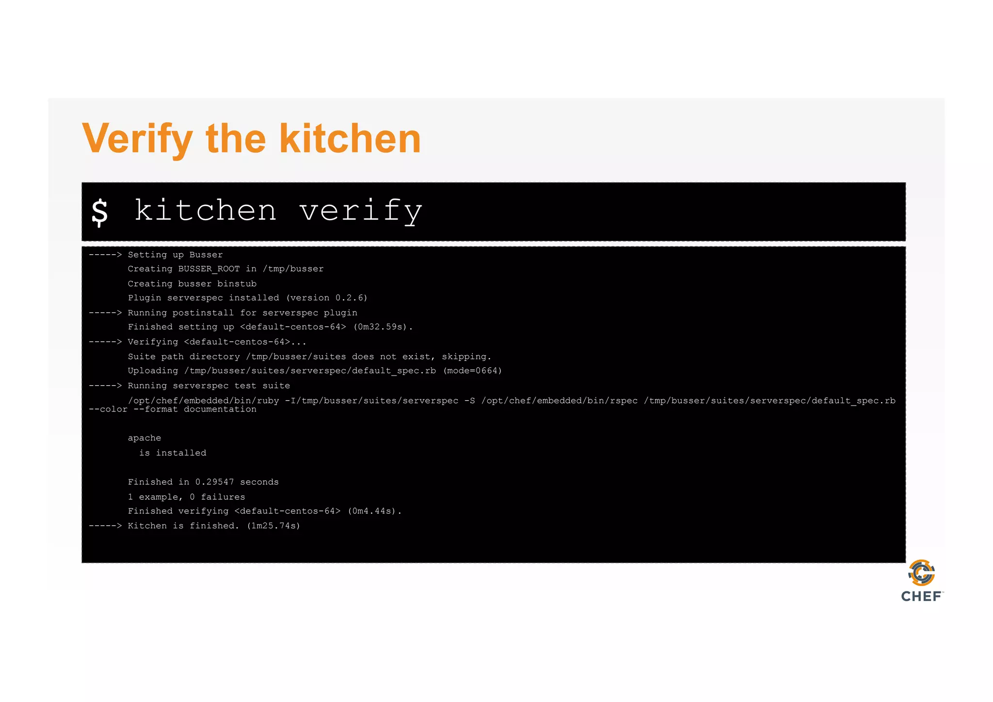$
-----> Setting up Busser
Creating BUSSER_ROOT in /tmp/busser
Creating busser binstub
Plugin serverspec installed (version 0.2.6)
-----> Running postinstall for serverspec plugin
Finished setting up <default-centos-64> (0m32.59s).
-----> Verifying <default-centos-64>...
Suite path directory /tmp/busser/suites does not exist, skipping.
Uploading /tmp/busser/suites/serverspec/default_spec.rb (mode=0664)
-----> Running serverspec test suite
/opt/chef/embedded/bin/ruby -I/tmp/busser/suites/serverspec -S /opt/chef/embedded/bin/rspec /tmp/busser/suites/serverspec/default_spec.rb
--color --format documentation
apache
is installed
Finished in 0.29547 seconds
1 example, 0 failures
Finished verifying <default-centos-64> (0m4.44s).
-----> Kitchen is finished. (1m25.74s)
Verify the kitchen
kitchen verify
 