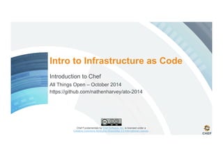 Chef Fundamentals by Chef Software, Inc. is licensed under a
Creative Commons Attribution-ShareAlike 4.0 International License.
Intro to Infrastructure as Code
Introduction to Chef
All Things Open – October 2014
https://github.com/nathenharvey/ato-2014
 