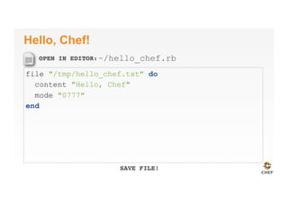 OPEN IN EDITOR:
SAVE FILE!
Hello, Chef!
file "/tmp/hello_chef.txt" do
content "Hello, Chef"
mode "0777"
end
~/hello_chef.rb
 