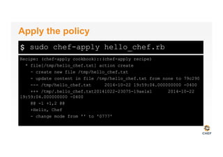 $
Recipe: (chef-apply cookbook)::(chef-apply recipe)
* file[/tmp/hello_chef.txt] action create
- create new file /tmp/hello_chef.txt
- update content in file /tmp/hello_chef.txt from none to 79c290
--- /tmp/hello_chef.txt 2014-10-22 19:59:04.000000000 -0400
+++ /tmp/.hello_chef.txt20141022-23075-19aelx1 2014-10-22
19:59:04.000000000 -0400
@@ -1 +1,2 @@
+Hello, Chef
- change mode from '' to '0777'
Apply the policy
sudo chef-apply hello_chef.rb
 