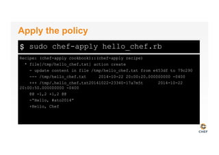 $
Recipe: (chef-apply cookbook)::(chef-apply recipe)
* file[/tmp/hello_chef.txt] action create
- update content in file /tmp/hello_chef.txt from e453df to 79c290
--- /tmp/hello_chef.txt 2014-10-22 20:00:20.000000000 -0400
+++ /tmp/.hello_chef.txt20141022-23340-17a7m5t 2014-10-22
20:00:50.000000000 -0400
@@ -1,2 +1,2 @@
-“Hello, #ato2014”
+Hello, Chef
Apply the policy
sudo chef-apply hello_chef.rb
 