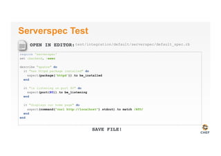 OPEN IN EDITOR:
SAVE FILE!
Serverspec Test
require 'serverspec'
set :backend, :exec
describe "apahce" do
it "has httpd package installed" do
expect(package('httpd')).to be_installed
end
it "is listening on port 80" do
expect(port(80)).to be_listening
end
it "displays our home page" do
expect(command("curl http://localhost").stdout).to match /ATO/
end
end
test/integration/default/serverspec/default_spec.rb
 