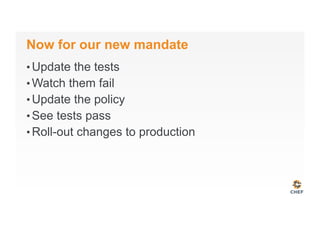 Now for our new mandate
• Update the tests
• Watch them fail
• Update the policy
• See tests pass
• Roll-out changes to production
 