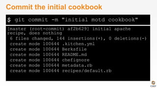 $
[master (root-commit) af2b629] initial apache
recipe, does nothing
6 files changed, 144 insertions(+), 0 deletions(-)
create mode 100644 .kitchen.yml
create mode 100644 Berksfile
create mode 100644 README.md
create mode 100644 chefignore
create mode 100644 metadata.rb
create mode 100644 recipes/default.rb
Commit the initial cookbook
git commit -m "initial motd cookbook"
 