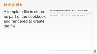 template
A template file is stored
as part of the cookbook
and rendered to create
the file.
motd/templates/default/motd.erb
Property of <%= @company_name %>
 