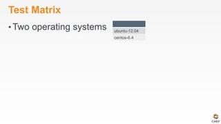 Test Matrix
• Two operating systems ubuntu-12.04
centos-6.4
 