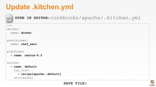 OPEN IN EDITOR:
SAVE FILE!
Update .kitchen.yml
---
driver:
name: docker
provisioner:
name: chef_zero
platforms:
- name: centos-6.5
suites:
- name: default
run_list:
- recipe[apache::default]
attributes:
cookbooks/apache/.kitchen.yml
 