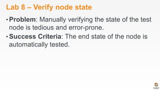 Lab 8 – Verify node state
• Problem: Manually verifying the state of the test
node is tedious and error-prone.
• Success Criteria: The end state of the node is
automatically tested.
 