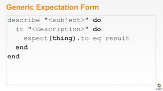 Generic Expectation Form
describe "<subject>" do
it "<description>" do
expect(thing).to eq result
end
end
 