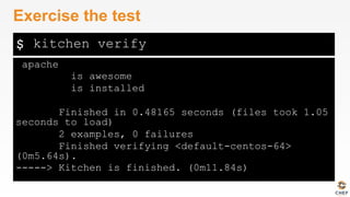$
apache
is awesome
is installed
Finished in 0.48165 seconds (files took 1.05
seconds to load)
2 examples, 0 failures
Finished verifying <default-centos-64>
(0m5.64s).
-----> Kitchen is finished. (0m11.84s)
Exercise the test
kitchen verify
 