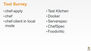 Tool Survey
• chef-apply
• chef
• chef-client in local
mode
• Test Kitchen
• Docker
• Serverspec
• ChefSpec
• Foodcritic
 