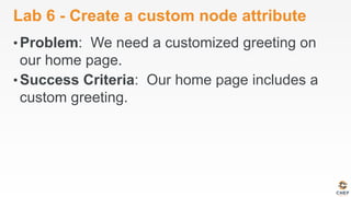 Lab 6 - Create a custom node attribute
• Problem: We need a customized greeting on
our home page.
• Success Criteria: Our home page includes a
custom greeting.
 