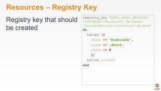 Resources – Registry Key
Registry key that should
be created
registry_key "HKEY_LOCAL_MACHINE
SOFTWAREMicrosoftWindows
CurrentVersionPoliciesSystem"
do
values [{
:name => "EnableLUA",
:type => :dword,
:data => 0
}]
action :create
end
 