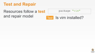 Test and Repair
Resources follow a test
and repair model
package "vim"
Is vim installed?
 