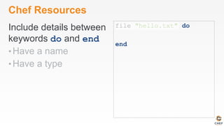 Chef Resources
Include details between
keywords do and end
• Have a name
• Have a type
file "hello.txt" do
end
 