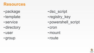 Resources
• package
• template
• service
• directory
• user
• group
• dsc_script
• registry_key
• powershell_script
• cron
• mount
• route
 