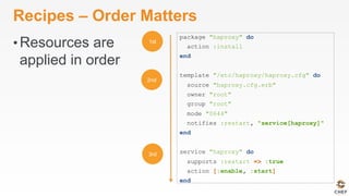 Recipes – Order Matters
• Resources are
applied in order
package "haproxy" do
action :install
end
template "/etc/haproxy/haproxy.cfg" do
source "haproxy.cfg.erb"
owner "root"
group "root"
mode "0644"
notifies :restart, "service[haproxy]"
end
service "haproxy" do
supports :restart => :true
action [:enable, :start]
end
 
