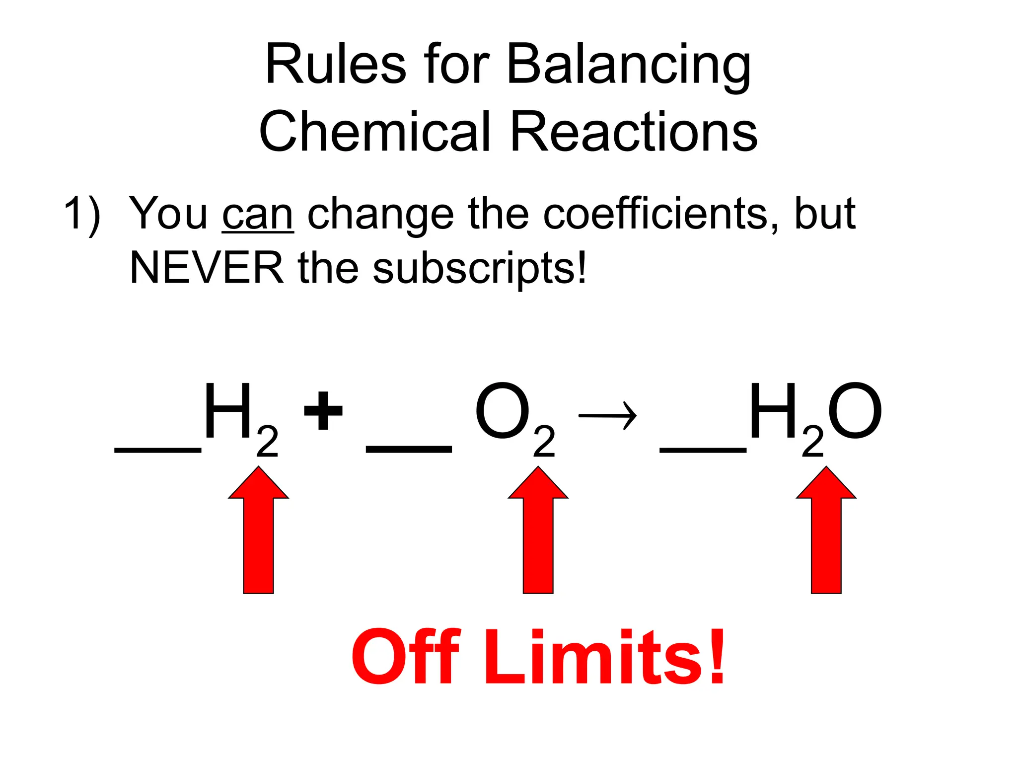 Rules for Balancing
Chemical Reactions
1) You can change the coefficients, but
NEVER the subscripts!
__H2 + __ O2  __H2O
Off Limits!
 