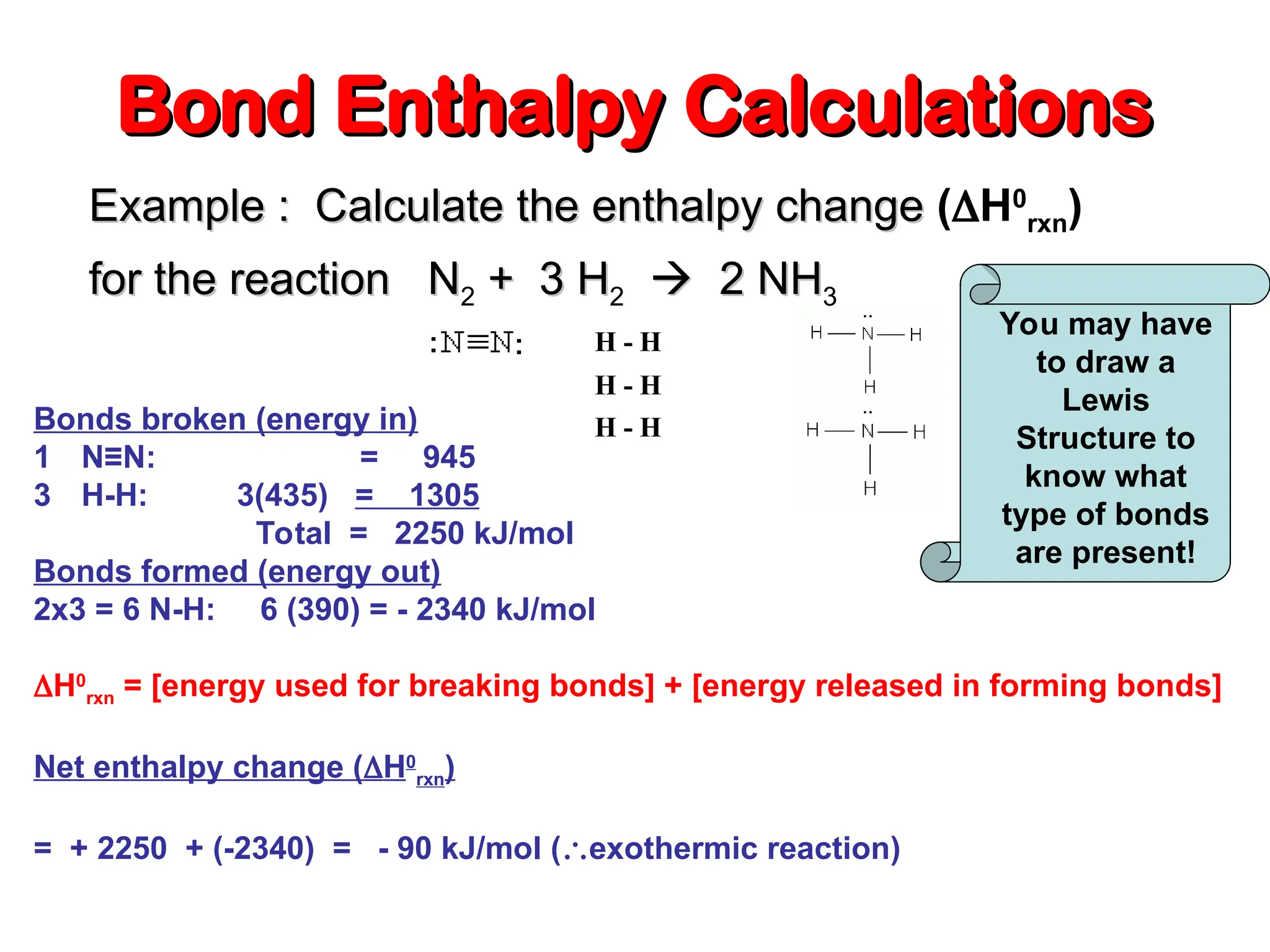 Bond Enthalpy Calculations
Bond Enthalpy Calculations
Example : Calculate the enthalpy change
Example : Calculate the enthalpy change (H0
rxn)
for the reaction N
for the reaction N2 + 3 H
+ 3 H2 
 2 NH
2 NH3
Bonds broken (energy in)
1 N≡N: = 945
3 H-H: 3(435) = 1305
Total = 2250 kJ/mol
Bonds formed (energy out)
2x3 = 6 N-H: 6 (390) = - 2340 kJ/mol
H0
rxn = [energy used for breaking bonds] + [energy released in forming bonds]
Net enthalpy change (H0
rxn)
= + 2250 + (-2340) = - 90 kJ/mol (exothermic reaction)
H - H
H - H
H - H
You may have
to draw a
Lewis
Structure to
know what
type of bonds
are present!
 