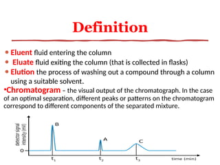 Definition
⚫Eluent fluid entering the column
⚫ Eluate fluid exiting the column (that is collected in flasks)
⚫Elution the process of washing out a compound through a column
using a suitable solvent.
•Chromatogram – the visual output of the chromatograph. In the case
of an optimal separation, different peaks or patterns on the chromatogram
correspond to different components of the separated mixture.
 