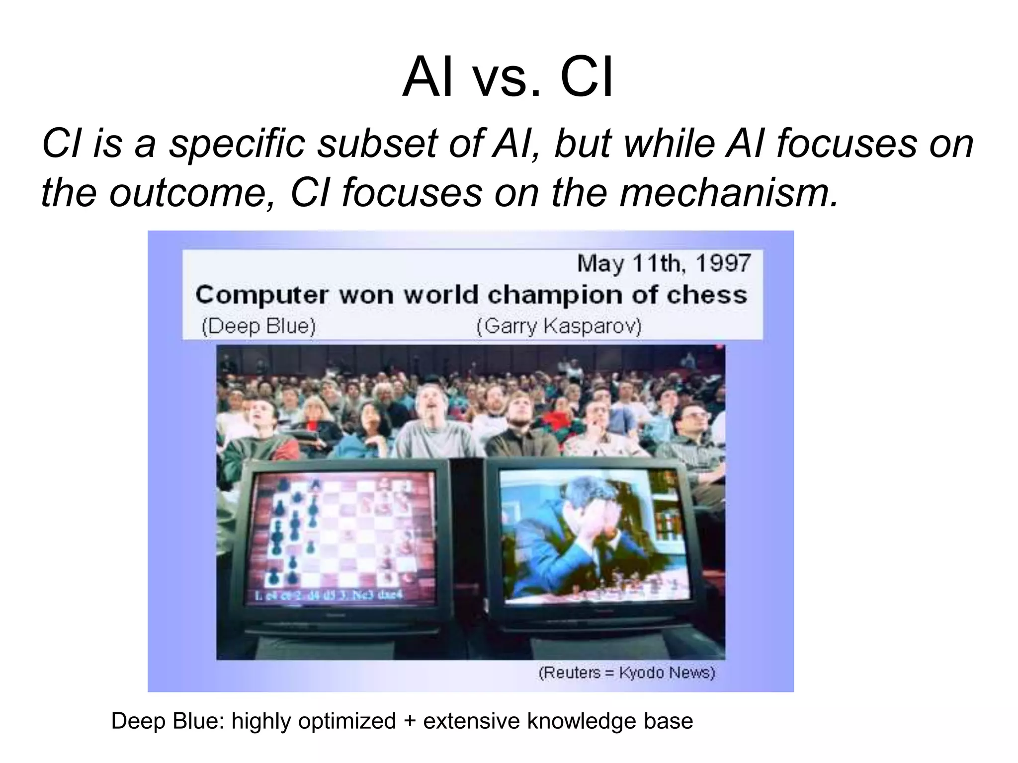 AI vs. CI
CI is a specific subset of AI, but while AI focuses on
the outcome, CI focuses on the mechanism.
Deep Blue: highly optimized + extensive knowledge base
 