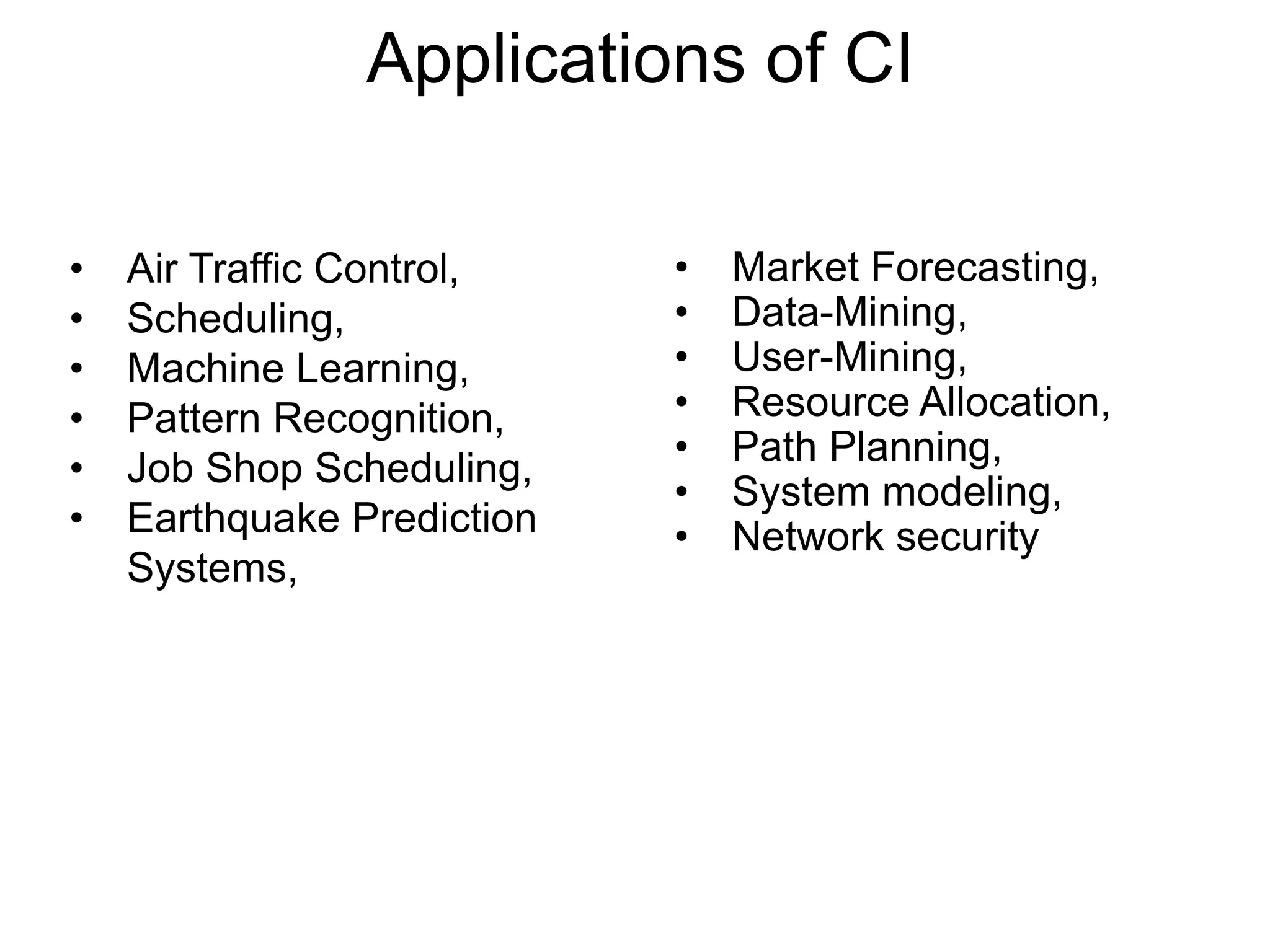 Applications of CI
• Air Traffic Control,
• Scheduling,
• Machine Learning,
• Pattern Recognition,
• Job Shop Scheduling,
• Earthquake Prediction
Systems,
• Market Forecasting,
• Data-Mining,
• User-Mining,
• Resource Allocation,
• Path Planning,
• System modeling,
• Network security
 