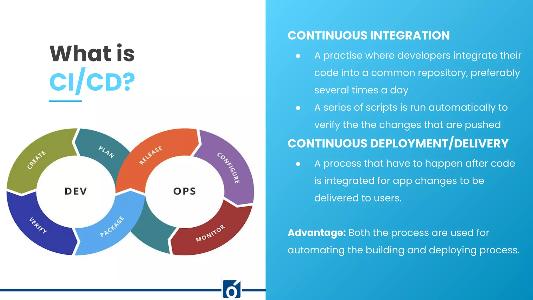c
What is
CI/CD?
CONTINUOUS INTEGRATION
● A practise where developers integrate their
code into a common repository, preferably
several times a day
● A series of scripts is run automatically to
verify the the changes that are pushed
CONTINUOUS DEPLOYMENT/DELIVERY
● A process that have to happen after code
is integrated for app changes to be
delivered to users.
Advantage: Both the process are used for
automating the building and deploying process.
 