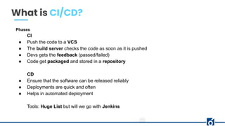 What is CI/CD?
Phases
CI
● Push the code to a VCS
● The build server checks the code as soon as it is pushed
● Devs gets t...
