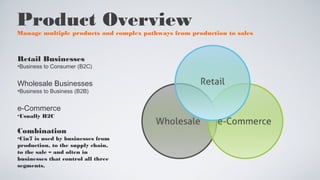Product Overview 
Manage multiple products and complex pathways from production to sales 
Retail Businesses 
•Business to Consumer (B2C) 
Wholesale Businesses 
•Business to Business (B2B) 
e-Commerce 
•Usually B2C 
Combination 
•Cin7 is used by businesses from 
production, to the supply chain, 
to the sale – and often in 
businesses that control all three 
segments. 
 