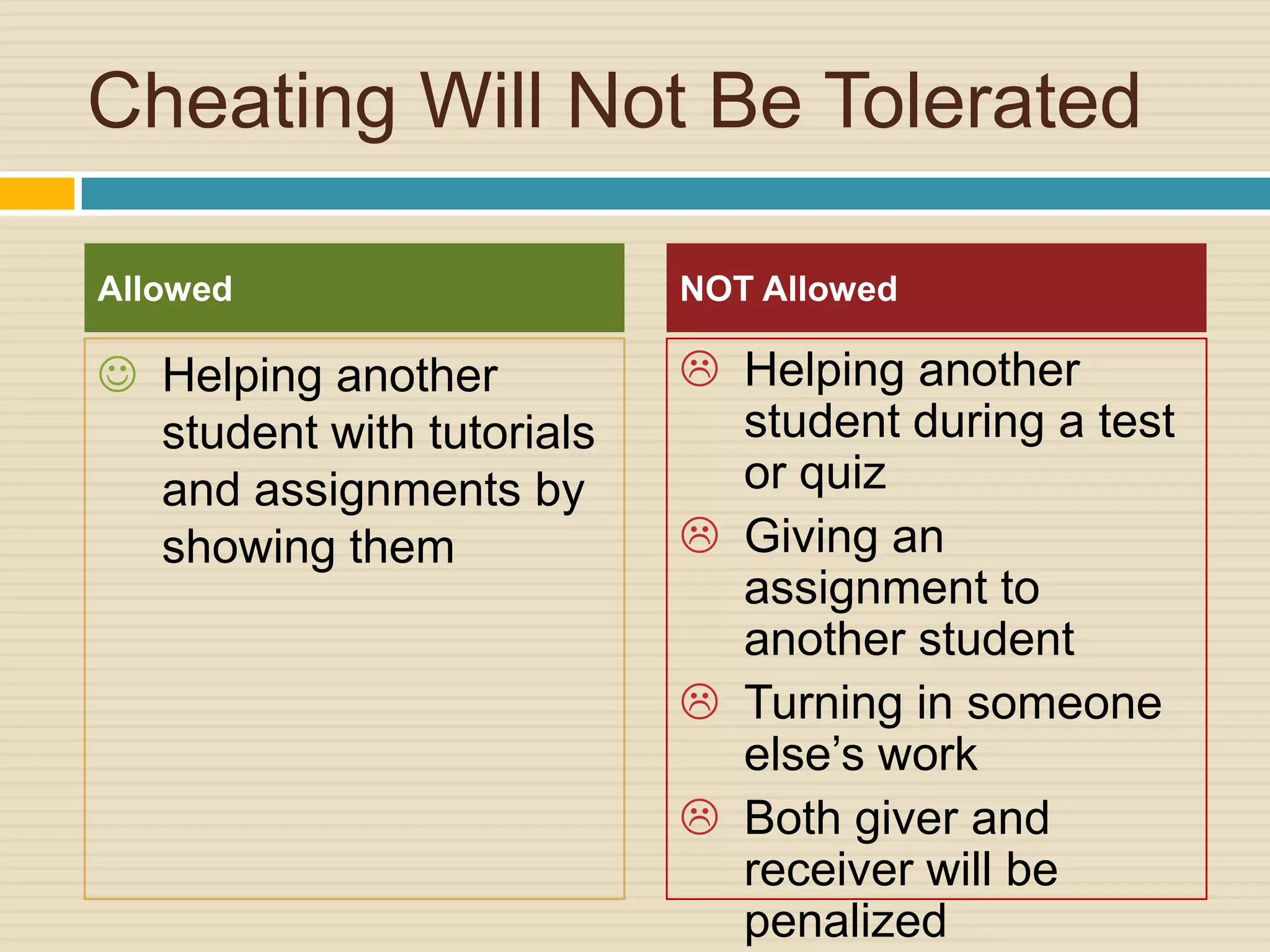 Cheating Will Not Be Tolerated

Allowed                    NOT Allowed

 Helping another           Helping another
  student with tutorials     student during a test
  and assignments by         or quiz
  showing them              Giving an
                             assignment to
                             another student
                            Turning in someone
                             else’s work
                            Both giver and
                             receiver will be
                             penalized
 