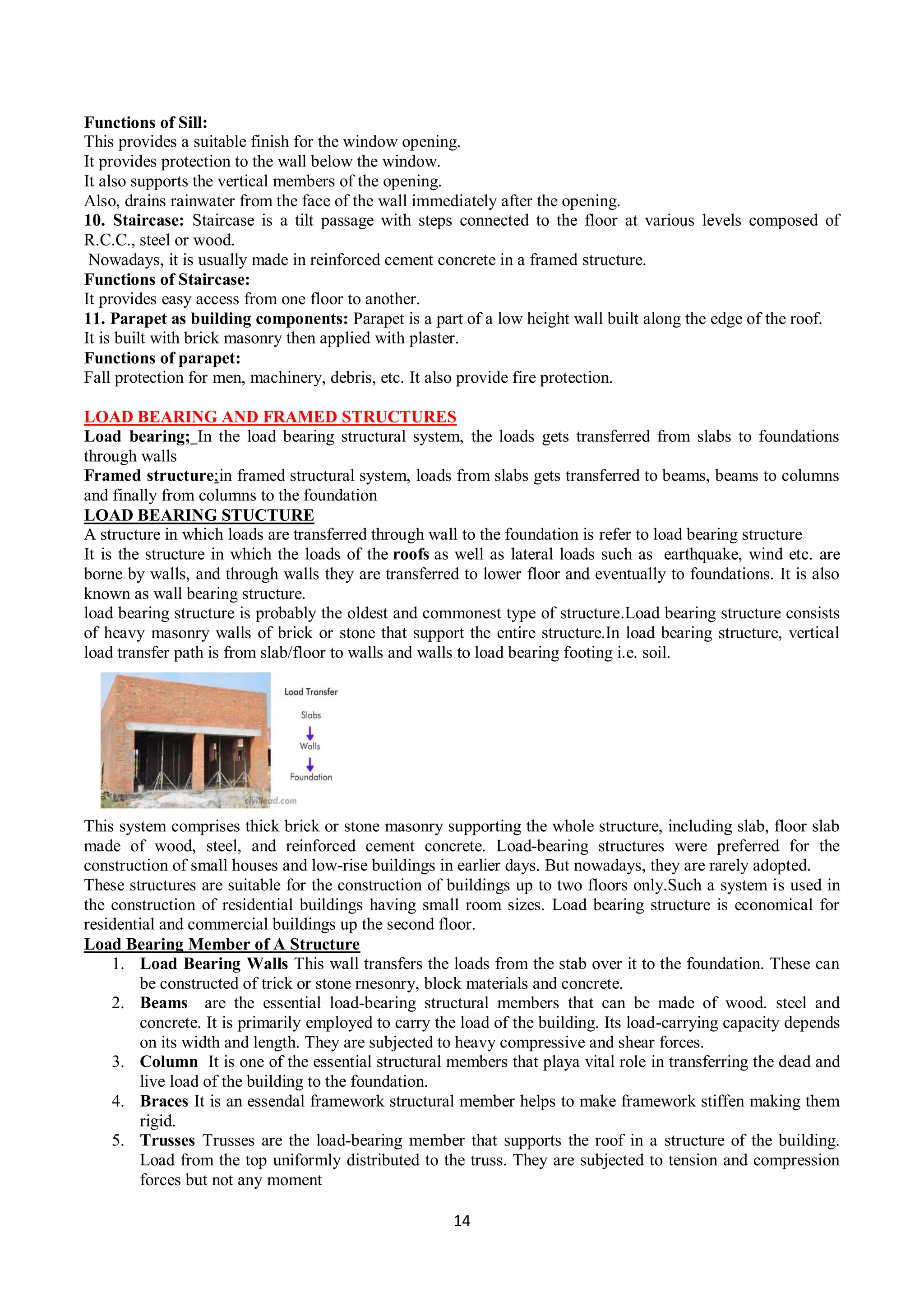 14
Functions of Sill:
This provides a suitable finish for the window opening.
It provides protection to the wall below the window.
It also supports the vertical members of the opening.
Also, drains rainwater from the face of the wall immediately after the opening.
10. Staircase: Staircase is a tilt passage with steps connected to the floor at various levels composed of
R.C.C., steel or wood.
Nowadays, it is usually made in reinforced cement concrete in a framed structure.
Functions of Staircase:
It provides easy access from one floor to another.
11. Parapet as building components: Parapet is a part of a low height wall built along the edge of the roof.
It is built with brick masonry then applied with plaster.
Functions of parapet:
Fall protection for men, machinery, debris, etc. It also provide fire protection.
LOAD BEARING AND FRAMED STRUCTURES
Load bearing; In the load bearing structural system, the loads gets transferred from slabs to foundations
through walls
Framed structure;in framed structural system, loads from slabs gets transferred to beams, beams to columns
and finally from columns to the foundation
LOAD BEARING STUCTURE
A structure in which loads are transferred through wall to the foundation is refer to load bearing structure
It is the structure in which the loads of the roofs as well as lateral loads such as earthquake, wind etc. are
borne by walls, and through walls they are transferred to lower floor and eventually to foundations. It is also
known as wall bearing structure.
load bearing structure is probably the oldest and commonest type of structure.Load bearing structure consists
of heavy masonry walls of brick or stone that support the entire structure.In load bearing structure, vertical
load transfer path is from slab/floor to walls and walls to load bearing footing i.e. soil.
This system comprises thick brick or stone masonry supporting the whole structure, including slab, floor slab
made of wood, steel, and reinforced cement concrete. Load-bearing structures were preferred for the
construction of small houses and low-rise buildings in earlier days. But nowadays, they are rarely adopted.
These structures are suitable for the construction of buildings up to two floors only.Such a system is used in
the construction of residential buildings having small room sizes. Load bearing structure is economical for
residential and commercial buildings up the second floor.
Load Bearing Member of A Structure
1. Load Bearing Walls This wall transfers the loads from the stab over it to the foundation. These can
be constructed of trick or stone rnesonry, block materials and concrete.
2. Beams are the essential load-bearing structural members that can be made of wood. steel and
concrete. It is primarily employed to carry the load of the building. Its load-carrying capacity depends
on its width and length. They are subjected to heavy compressive and shear forces.
3. Column It is one of the essential structural members that playa vital role in transferring the dead and
live load of the building to the foundation.
4. Braces It is an essendal framework structural member helps to make framework stiffen making them
rigid.
5. Trusses Trusses are the load-bearing member that supports the roof in a structure of the building.
Load from the top uniformly distributed to the truss. They are subjected to tension and compression
forces but not any moment
 