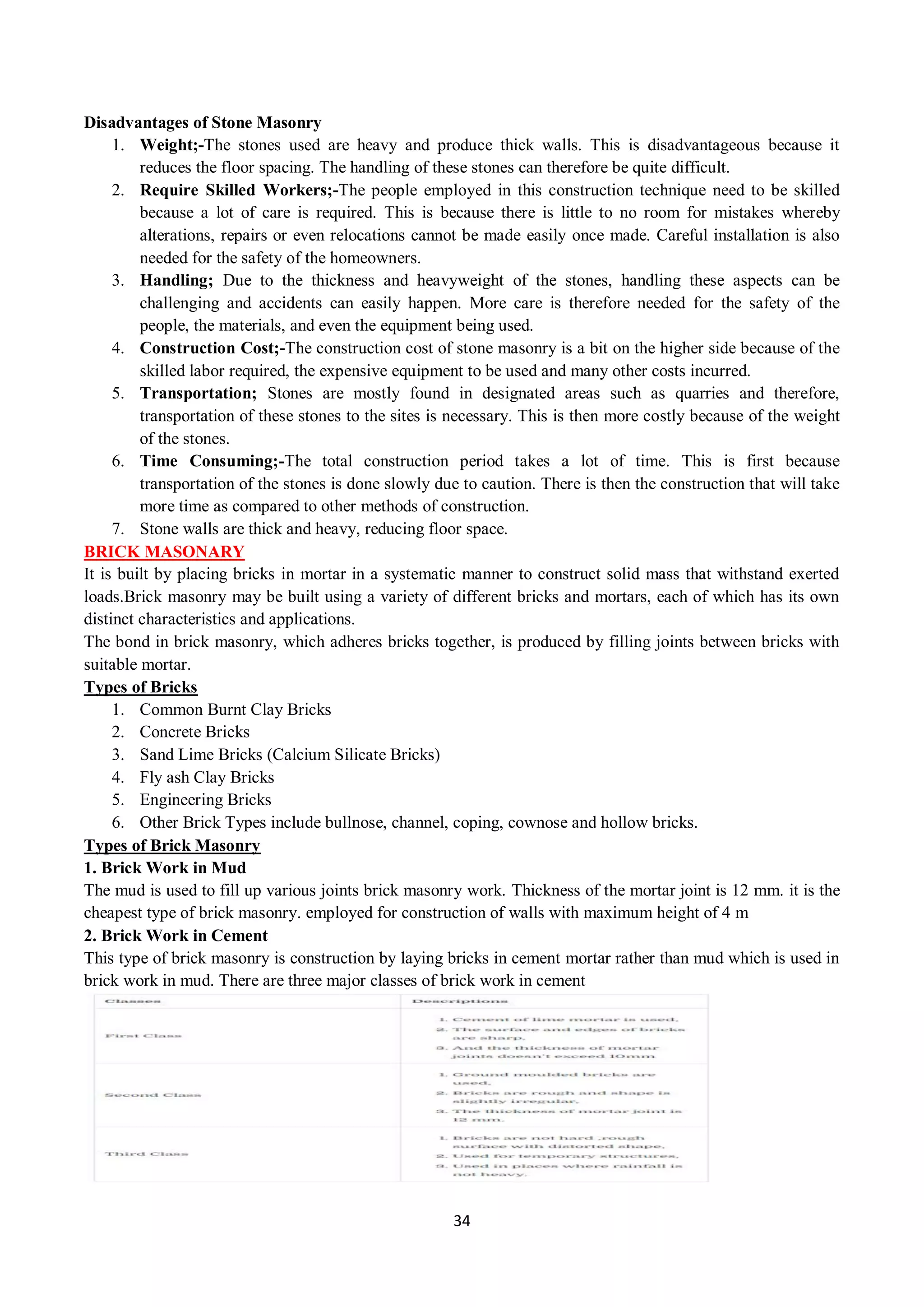 34
Disadvantages of Stone Masonry
1. Weight;-The stones used are heavy and produce thick walls. This is disadvantageous because it
reduces the floor spacing. The handling of these stones can therefore be quite difficult.
2. Require Skilled Workers;-The people employed in this construction technique need to be skilled
because a lot of care is required. This is because there is little to no room for mistakes whereby
alterations, repairs or even relocations cannot be made easily once made. Careful installation is also
needed for the safety of the homeowners.
3. Handling; Due to the thickness and heavyweight of the stones, handling these aspects can be
challenging and accidents can easily happen. More care is therefore needed for the safety of the
people, the materials, and even the equipment being used.
4. Construction Cost;-The construction cost of stone masonry is a bit on the higher side because of the
skilled labor required, the expensive equipment to be used and many other costs incurred.
5. Transportation; Stones are mostly found in designated areas such as quarries and therefore,
transportation of these stones to the sites is necessary. This is then more costly because of the weight
of the stones.
6. Time Consuming;-The total construction period takes a lot of time. This is first because
transportation of the stones is done slowly due to caution. There is then the construction that will take
more time as compared to other methods of construction.
7. Stone walls are thick and heavy, reducing floor space.
BRICK MASONARY
It is built by placing bricks in mortar in a systematic manner to construct solid mass that withstand exerted
loads.Brick masonry may be built using a variety of different bricks and mortars, each of which has its own
distinct characteristics and applications.
The bond in brick masonry, which adheres bricks together, is produced by filling joints between bricks with
suitable mortar.
Types of Bricks
1. Common Burnt Clay Bricks
2. Concrete Bricks
3. Sand Lime Bricks (Calcium Silicate Bricks)
4. Fly ash Clay Bricks
5. Engineering Bricks
6. Other Brick Types include bullnose, channel, coping, cownose and hollow bricks.
Types of Brick Masonry
1. Brick Work in Mud
The mud is used to fill up various joints brick masonry work. Thickness of the mortar joint is 12 mm. it is the
cheapest type of brick masonry. employed for construction of walls with maximum height of 4 m
2. Brick Work in Cement
This type of brick masonry is construction by laying bricks in cement mortar rather than mud which is used in
brick work in mud. There are three major classes of brick work in cement
 