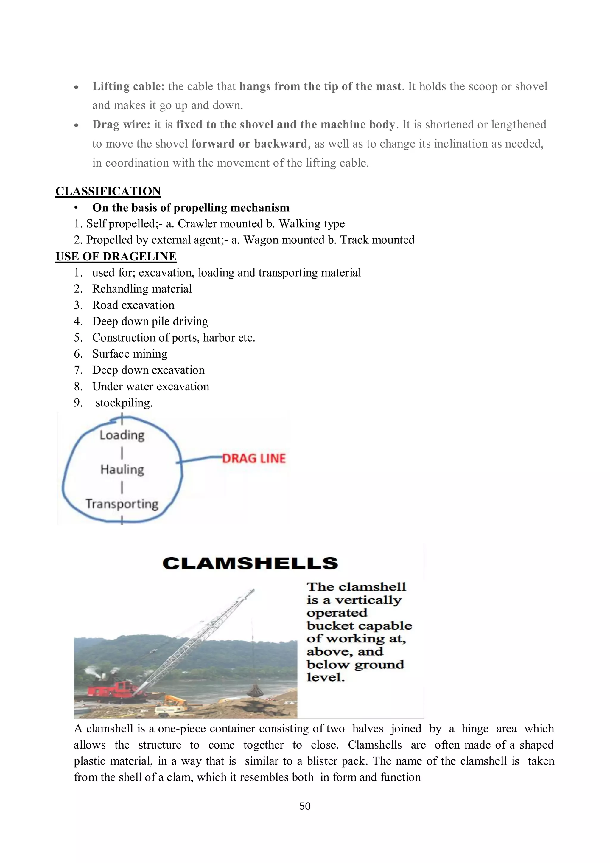 50
 Lifting cable: the cable that hangs from the tip of the mast. It holds the scoop or shovel
and makes it go up and down.
 Drag wire: it is fixed to the shovel and the machine body. It is shortened or lengthened
to move the shovel forward or backward, as well as to change its inclination as needed,
in coordination with the movement of the lifting cable.
CLASSIFICATION
• On the basis of propelling mechanism
1. Self propelled;- a. Crawler mounted b. Walking type
2. Propelled by external agent;- a. Wagon mounted b. Track mounted
USE OF DRAGELINE
1. used for; excavation, loading and transporting material
2. Rehandling material
3. Road excavation
4. Deep down pile driving
5. Construction of ports, harbor etc.
6. Surface mining
7. Deep down excavation
8. Under water excavation
9. stockpiling.
Clamshell
A clamshell is a one-piece container consisting of two halves joined by a hinge area which
allows the structure to come together to close. Clamshells are often made of a shaped
plastic material, in a way that is similar to a blister pack. The name of the clamshell is taken
from the shell of a clam, which it resembles both in form and function
 