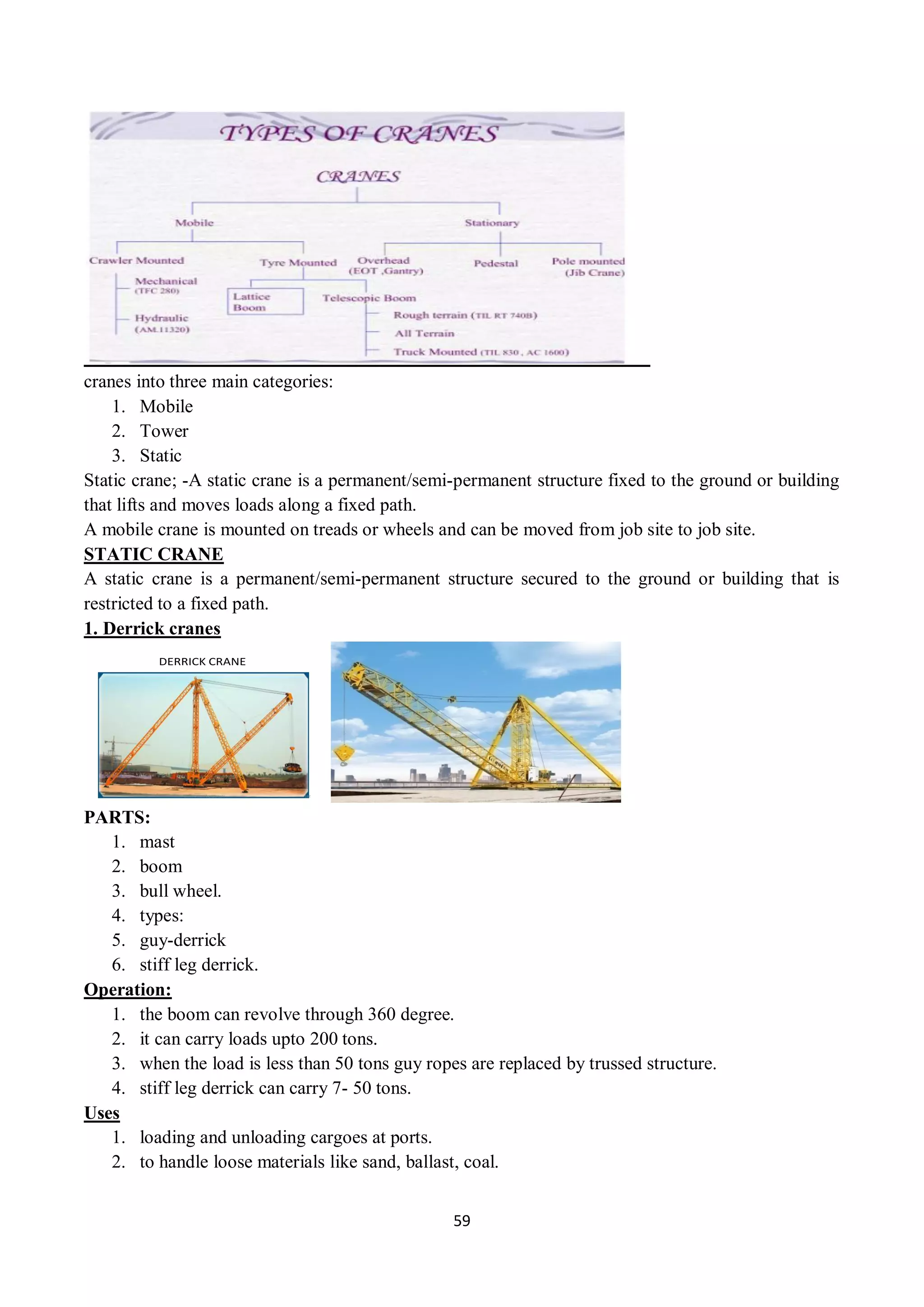 59
cranes into three main categories:
1. Mobile
2. Tower
3. Static
Static crane; -A static crane is a permanent/semi-permanent structure fixed to the ground or building
that lifts and moves loads along a fixed path.
A mobile crane is mounted on treads or wheels and can be moved from job site to job site.
STATIC CRANE
A static crane is a permanent/semi-permanent structure secured to the ground or building that is
restricted to a fixed path.
1. Derrick cranes
DERRICK CRANE
Construction Equipments 182
PARTS:
1. mast
2. boom
3. bull wheel.
4. types:
5. guy-derrick
6. stiff leg derrick.
Operation:
1. the boom can revolve through 360 degree.
2. it can carry loads upto 200 tons.
3. when the load is less than 50 tons guy ropes are replaced by trussed structure.
4. stiff leg derrick can carry 7- 50 tons.
Uses
1. loading and unloading cargoes at ports.
2. to handle loose materials like sand, ballast, coal.
 