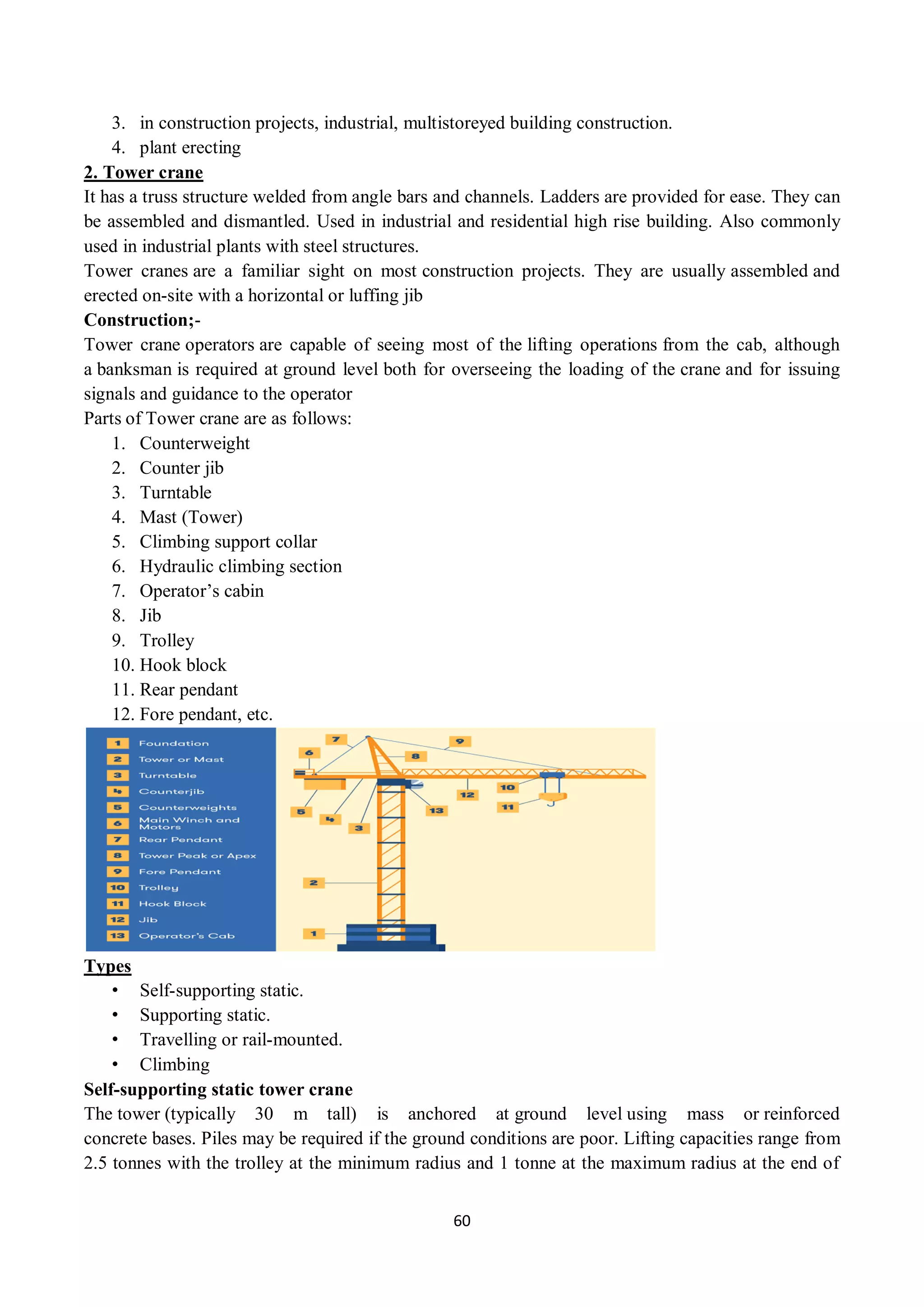 60
3. in construction projects, industrial, multistoreyed building construction.
4. plant erecting
2. Tower crane
It has a truss structure welded from angle bars and channels. Ladders are provided for ease. They can
be assembled and dismantled. Used in industrial and residential high rise building. Also commonly
used in industrial plants with steel structures.
Tower cranes are a familiar sight on most construction projects. They are usually assembled and
erected on-site with a horizontal or luffing jib
Construction;-
Tower crane operators are capable of seeing most of the lifting operations from the cab, although
a banksman is required at ground level both for overseeing the loading of the crane and for issuing
signals and guidance to the operator
Parts of Tower crane are as follows:
1. Counterweight
2. Counter jib
3. Turntable
4. Mast (Tower)
5. Climbing support collar
6. Hydraulic climbing section
7. Operator’s cabin
8. Jib
9. Trolley
10. Hook block
11. Rear pendant
12. Fore pendant, etc.
Types
• Self-supporting static.
• Supporting static.
• Travelling or rail-mounted.
• Climbing
Self-supporting static tower crane
The tower (typically 30 m tall) is anchored at ground level using mass or reinforced
concrete bases. Piles may be required if the ground conditions are poor. Lifting capacities range from
2.5 tonnes with the trolley at the minimum radius and 1 tonne at the maximum radius at the end of
 