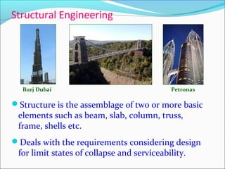 Structural Engineering
Structure is the assemblage of two or more basic
elements such as beam, slab, column, truss,
frame, shells etc.
Deals with the requirements considering design
for limit states of collapse and serviceability.
Burj Dubai Petronas
 