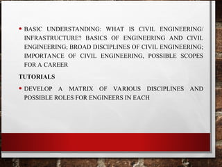 • BASIC UNDERSTANDING: WHAT IS CIVIL ENGINEERING/
INFRASTRUCTURE? BASICS OF ENGINEERING AND CIVIL
ENGINEERING; BROAD DISCIPLINES OF CIVIL ENGINEERING;
IMPORTANCE OF CIVIL ENGINEERING, POSSIBLE SCOPES
FOR A CAREER
TUTORIALS
• DEVELOP A MATRIX OF VARIOUS DISCIPLINES AND
POSSIBLE ROLES FOR ENGINEERS IN EACH
 