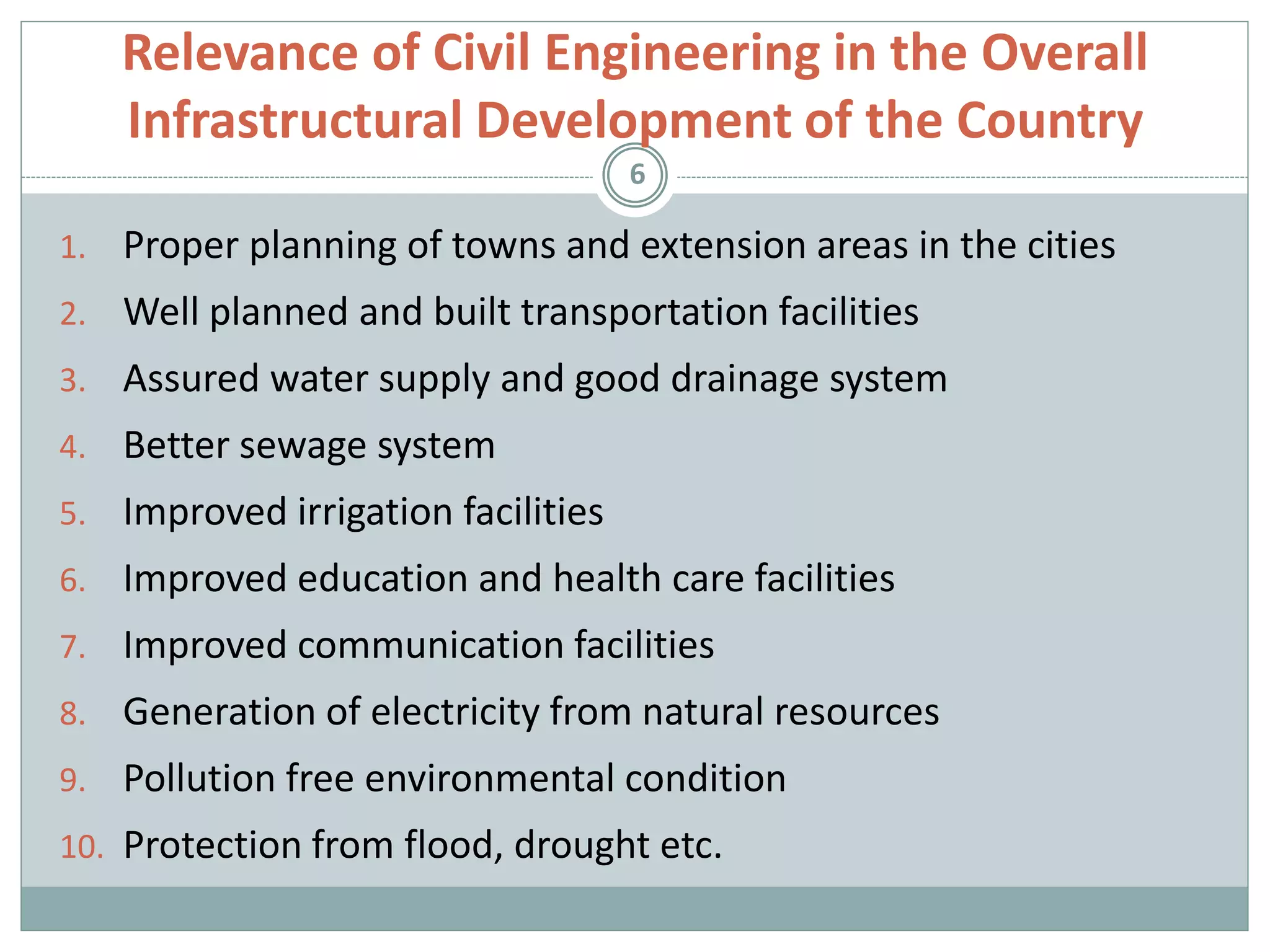 Relevance of Civil Engineering in the Overall
Infrastructural Development of the Country
1. Proper planning of towns and extension areas in the cities
2. Well planned and built transportation facilities
3. Assured water supply and good drainage system
4. Better sewage system
5. Improved irrigation facilities
6. Improved education and health care facilities
7. Improved communication facilities
8. Generation of electricity from natural resources
9. Pollution free environmental condition
10. Protection from flood, drought etc.
6
 