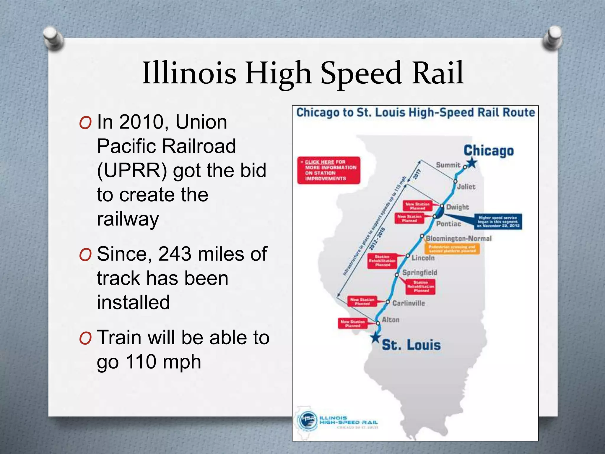 Illinois High Speed Rail
O In 2010, Union
Pacific Railroad
(UPRR) got the bid
to create the
railway
O Since, 243 miles of
track has been
installed
O Train will be able to
go 110 mph
 